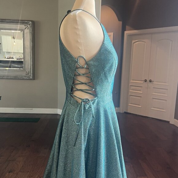 Juliet Formal Gown Size XXL Prom HOCO Dress Teal Sparkle Lace Up Sides High Neck - Picture 6 of 17